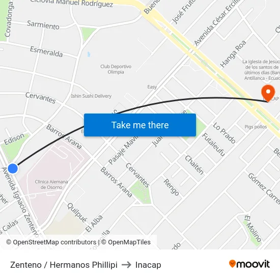 Zenteno / Hermanos Phillipi to Inacap map