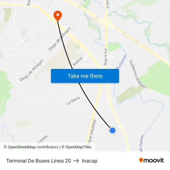 Terminal De Buses Línea 20 to Inacap map