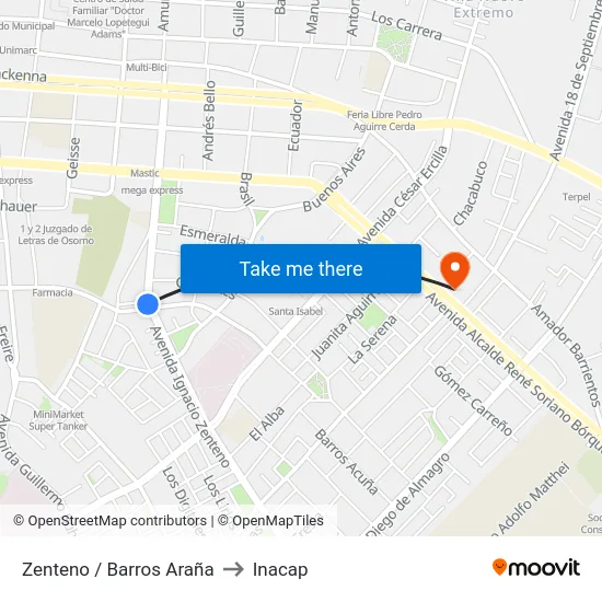 Zenteno / Barros Araña to Inacap map