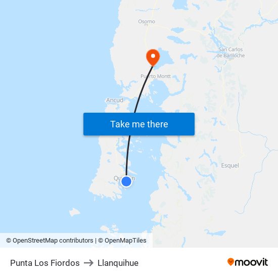 Punta Los Fiordos to Llanquihue map