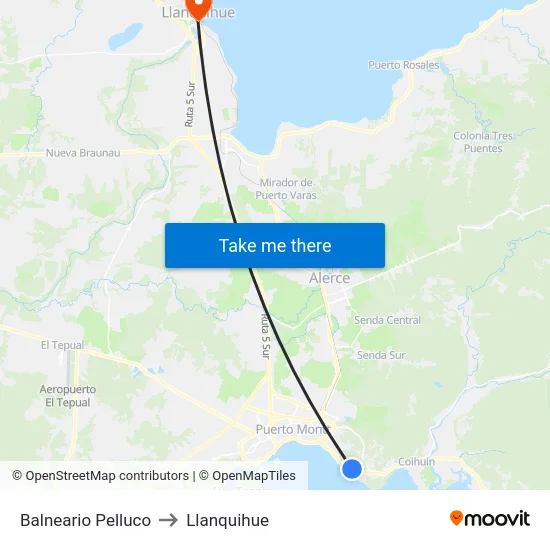 Balneario Pelluco to Llanquihue map