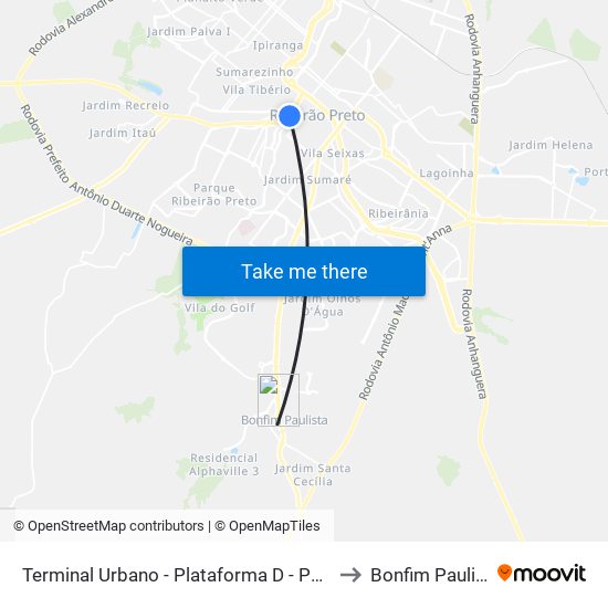 Terminal Urbano - Plataforma D - Ponto 7 to Bonfim Paulista map