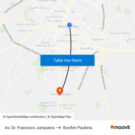 Av. Dr. Francisco Junqueira to Bonfim Paulista map