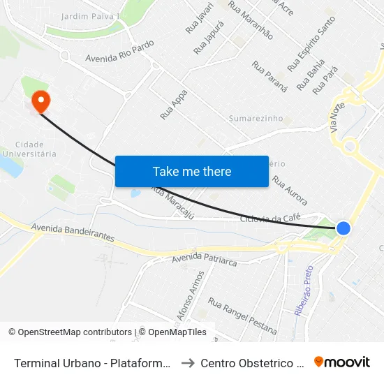 Terminal Urbano - Plataforma B - Ponto 3 to Centro Obstetrico HCFMRP map