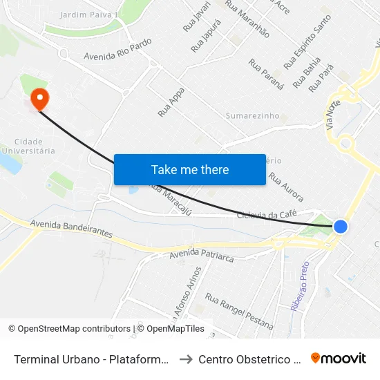 Terminal Urbano - Plataforma D - Ponto 7 to Centro Obstetrico HCFMRP map