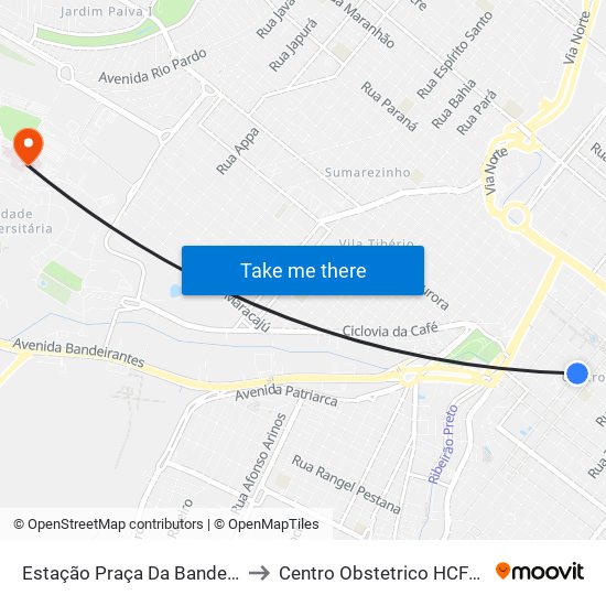 Estação Praça Da Bandeira 1 to Centro Obstetrico HCFMRP map