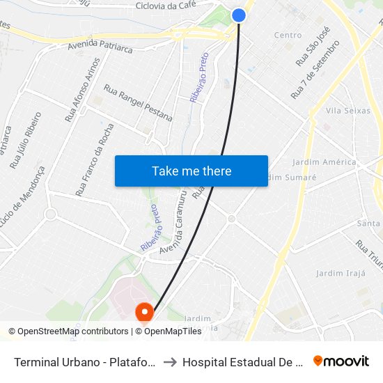 Terminal Urbano - Plataforma B - Ponto 3 to Hospital Estadual De Ribeirão Preto map