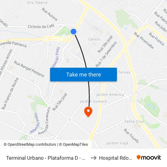 Terminal Urbano - Plataforma D - Ponto 7 to Hospital Rdoviver map