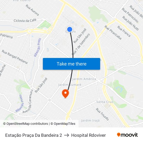 Estação Praça Da Bandeira 2 to Hospital Rdoviver map