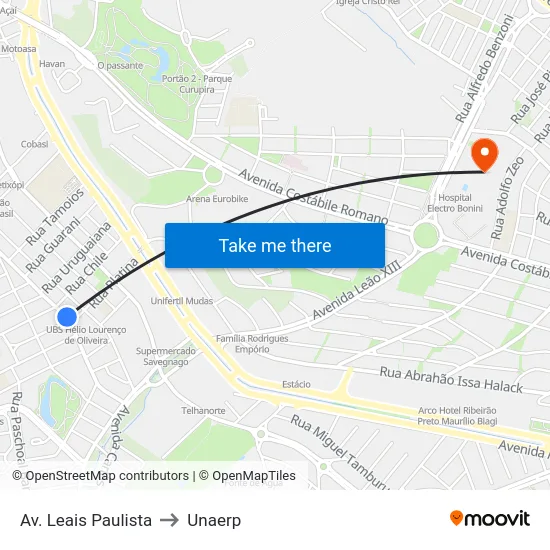Av. Leais Paulista to Unaerp map