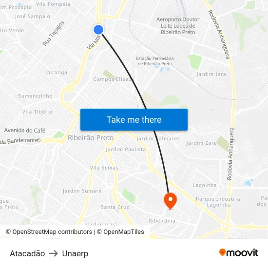 Atacadão to Unaerp map