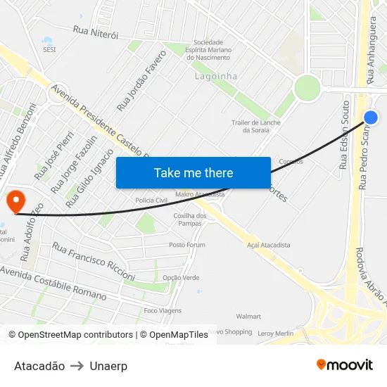 Atacadão to Unaerp map