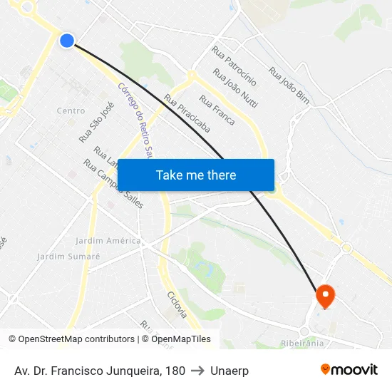 Av. Dr. Francisco Junqueira, 180 to Unaerp map
