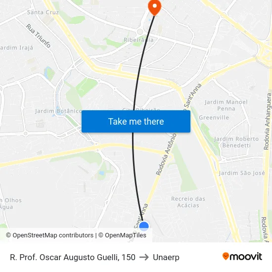 R. Prof. Oscar Augusto Guelli, 150 to Unaerp map