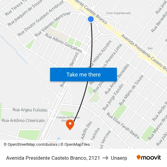 Avenida Presidente Castelo Branco, 2121 to Unaerp map