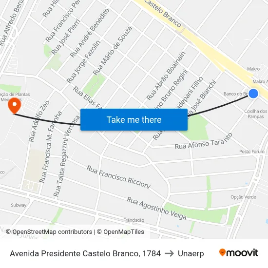 Avenida Presidente Castelo Branco, 1784 to Unaerp map