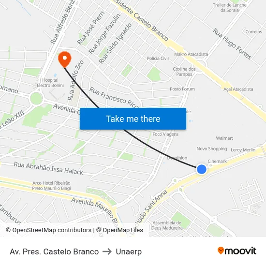 Av. Pres. Castelo Branco to Unaerp map