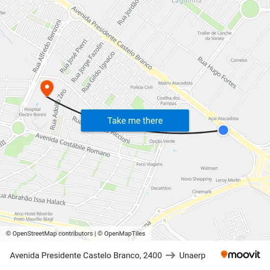 Avenida Presidente Castelo Branco, 2400 to Unaerp map