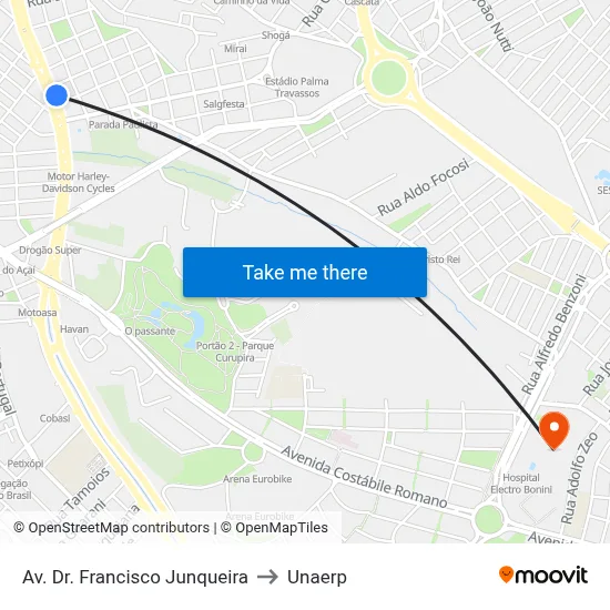 Av. Dr. Francisco Junqueira to Unaerp map