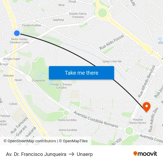 Av. Dr. Francisco Junqueira to Unaerp map