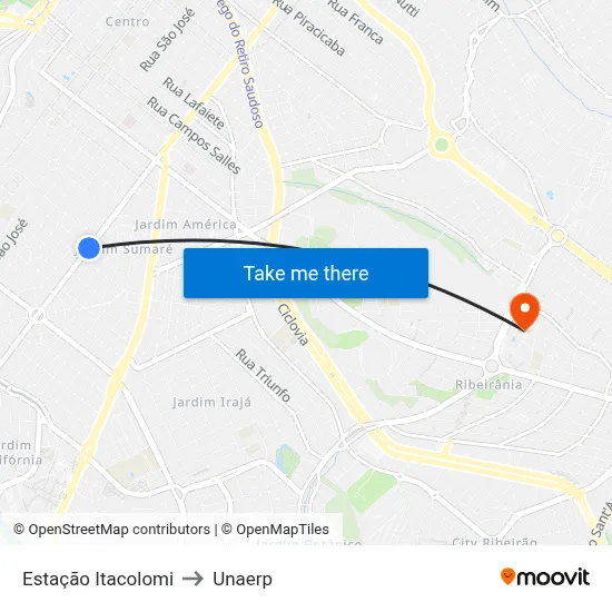 Estação Itacolomi to Unaerp map