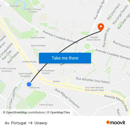 Av. Portugal to Unaerp map