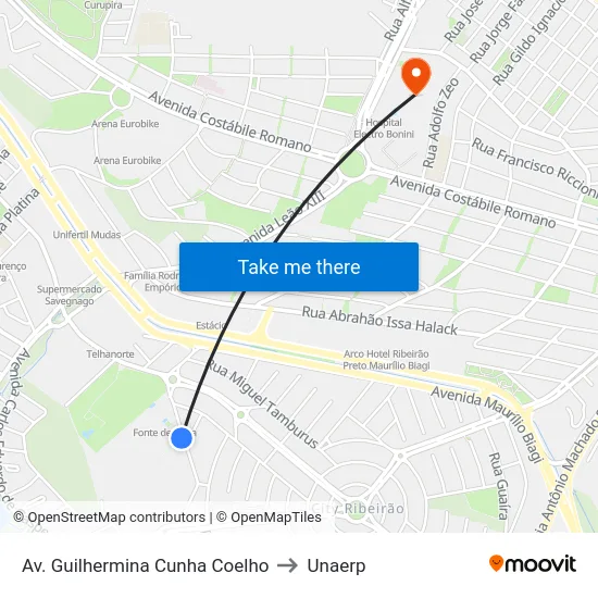 Av. Guilhermina Cunha Coelho to Unaerp map