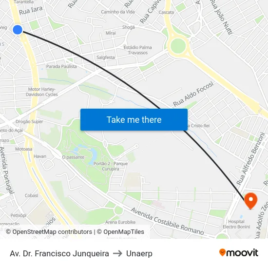 Av. Dr. Francisco Junqueira to Unaerp map