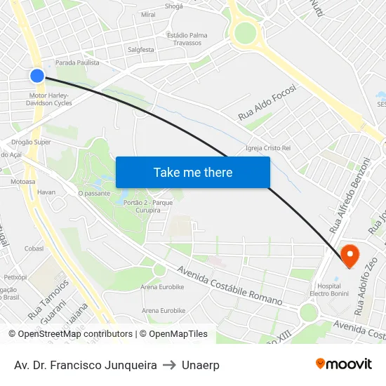 Av. Dr. Francisco Junqueira to Unaerp map
