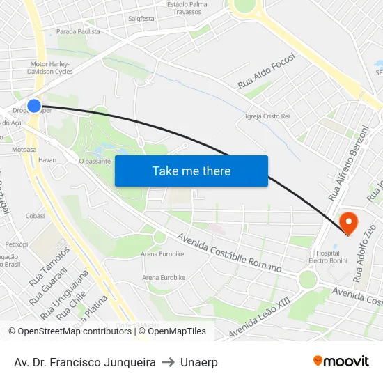 Av. Dr. Francisco Junqueira to Unaerp map
