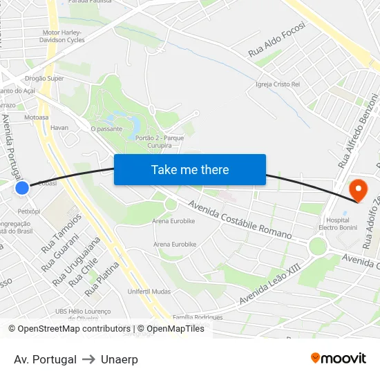 Av. Portugal to Unaerp map