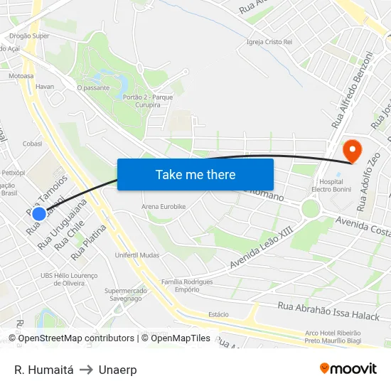 R. Humaitá to Unaerp map