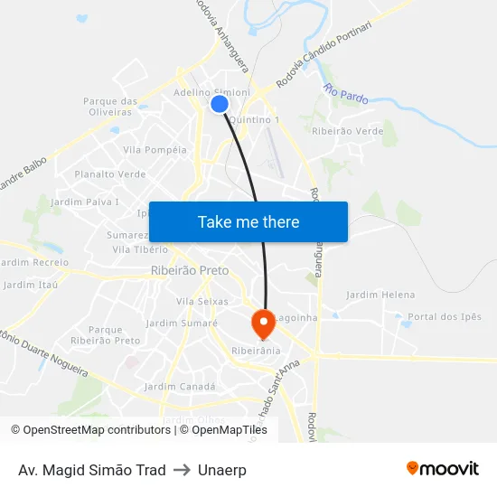 Av. Magid Simão Trad to Unaerp map