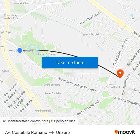 Av. Costábile Romano to Unaerp map