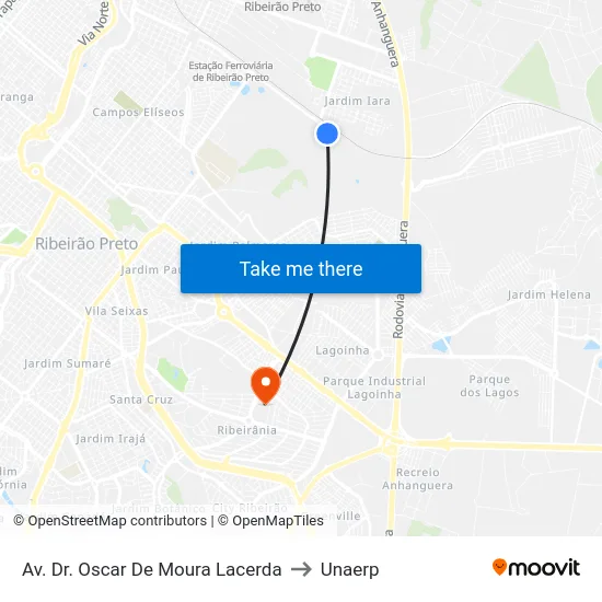 Av. Dr. Oscar De Moura Lacerda to Unaerp map