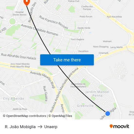 R. João Mobiglia to Unaerp map