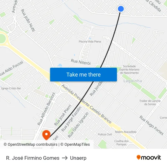 R. José Firmino Gomes to Unaerp map