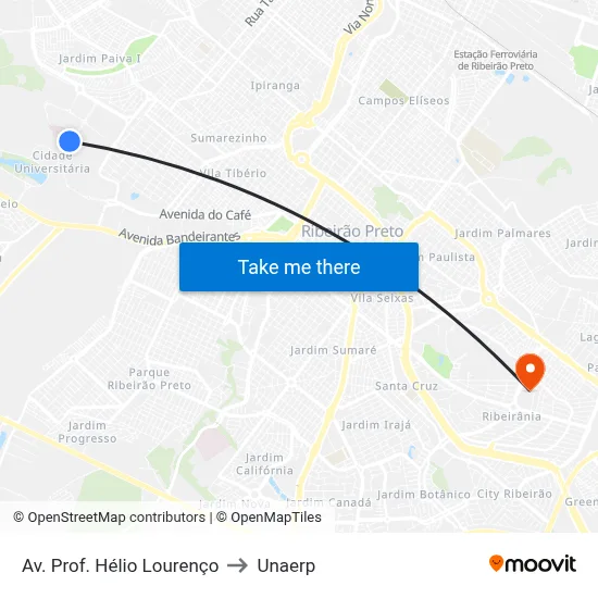 Av. Prof. Hélio Lourenço to Unaerp map