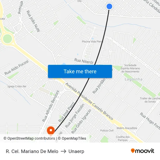 R. Cel. Mariano De Melo to Unaerp map