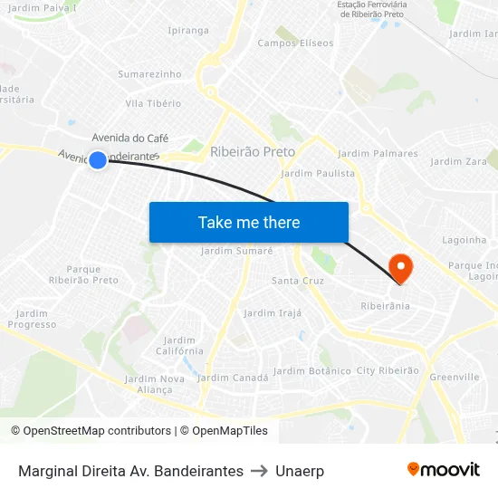 Marginal Direita Av. Bandeirantes to Unaerp map