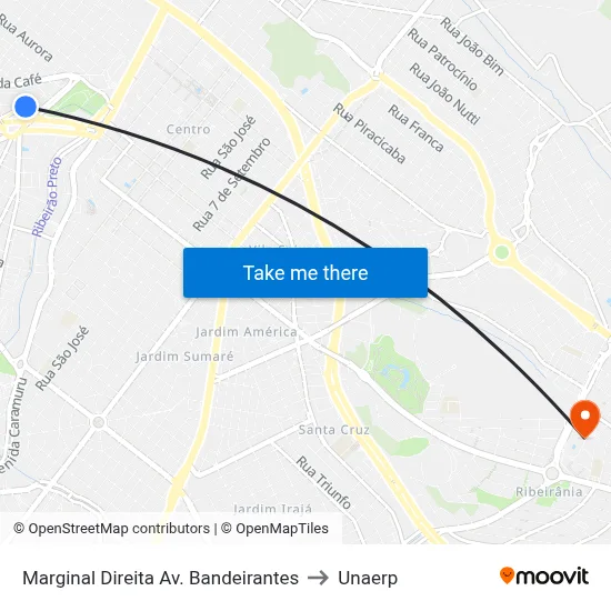 Marginal Direita Av. Bandeirantes to Unaerp map