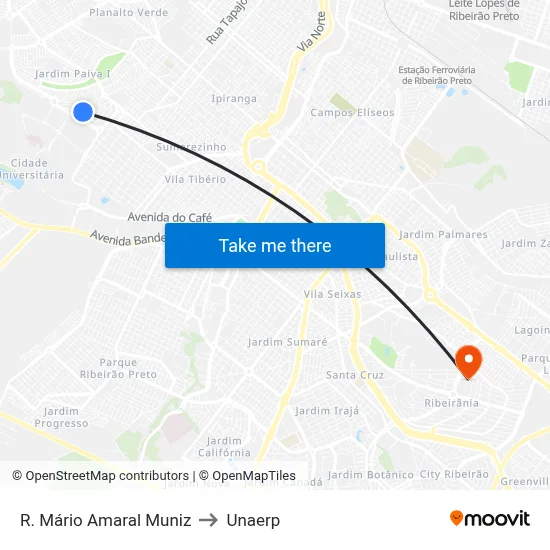 R. Mário Amaral Muniz to Unaerp map