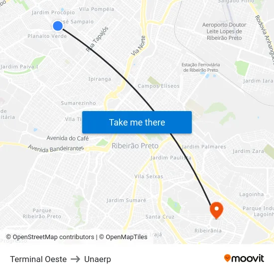 Terminal Oeste to Unaerp map