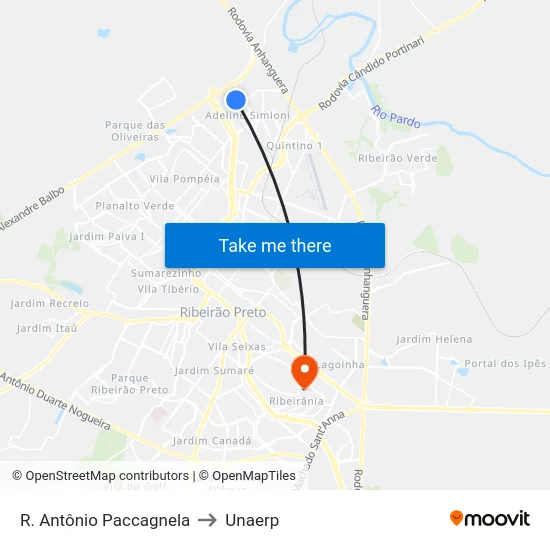 R. Antônio Paccagnela to Unaerp map