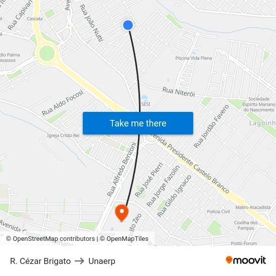 R. Cézar Brigato to Unaerp map
