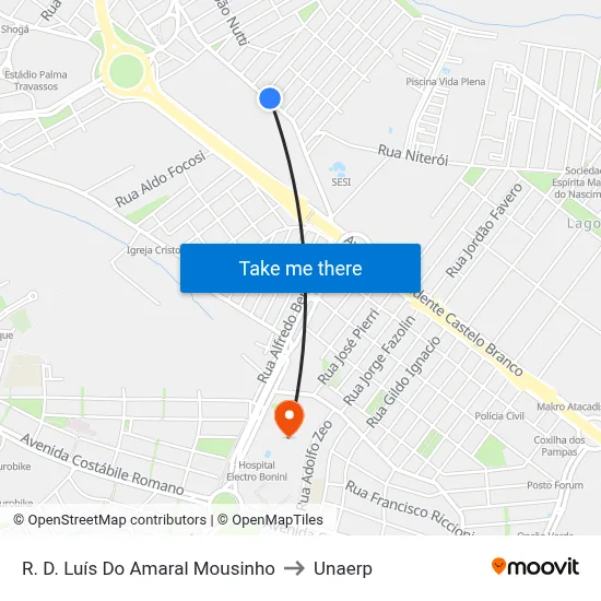 R. D. Luís Do Amaral Mousinho to Unaerp map