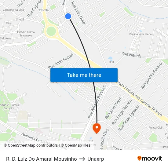 R. D. Luiz Do Amaral Mousinho to Unaerp map