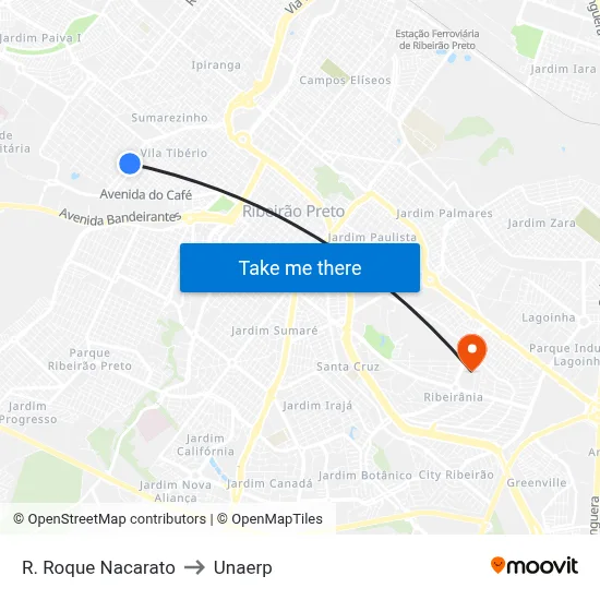 R. Roque Nacarato to Unaerp map