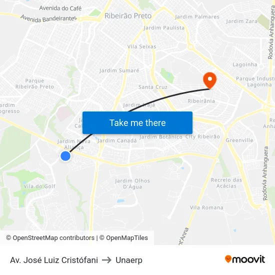 Av. José Luiz Cristófani to Unaerp map