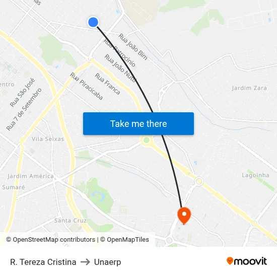 R. Tereza Cristina to Unaerp map